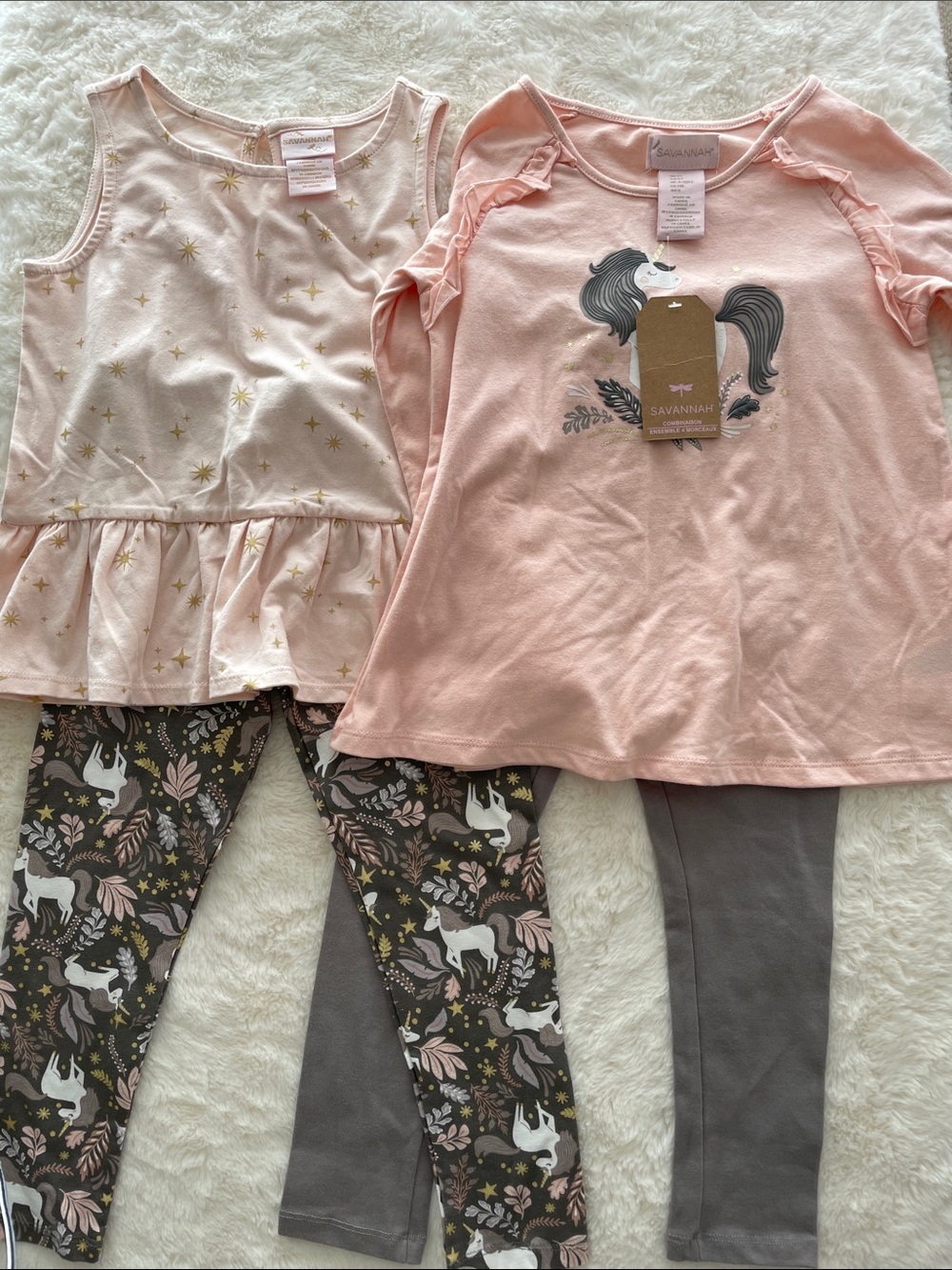 SALE! NWT Savannah Girls Unicorn Ruffle Top & Star Peplum Legging 4 Pc Set 5T